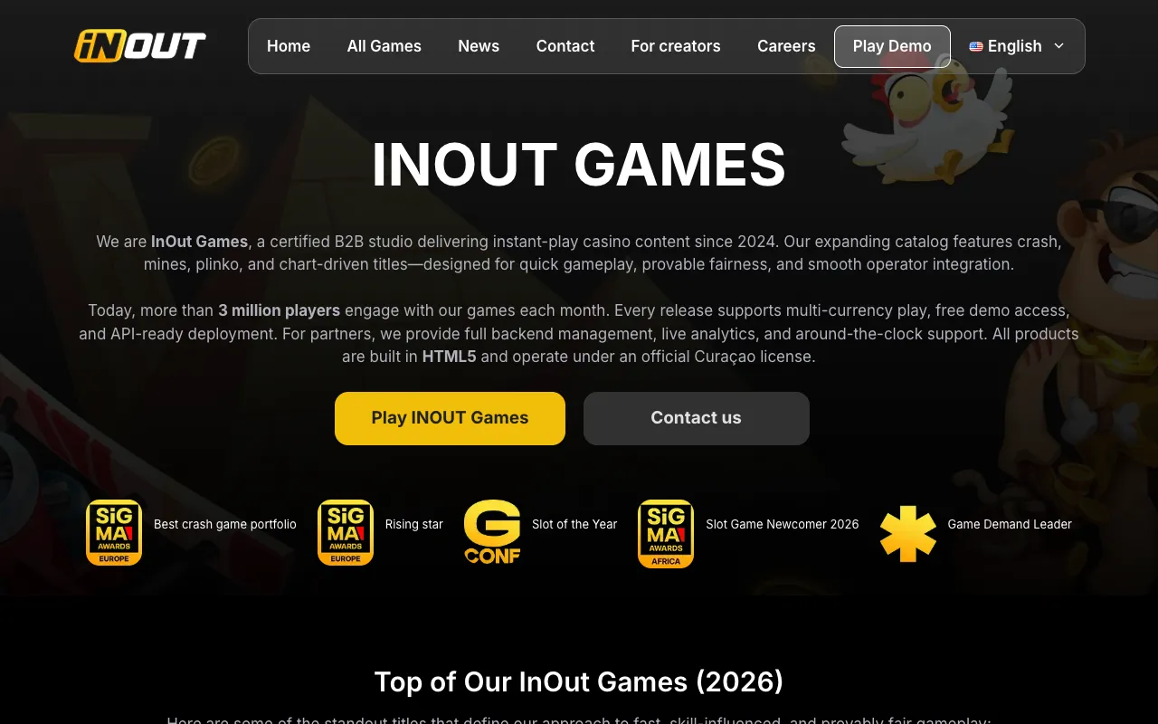 Forsiden af InOut Games' officielle hjemmeside