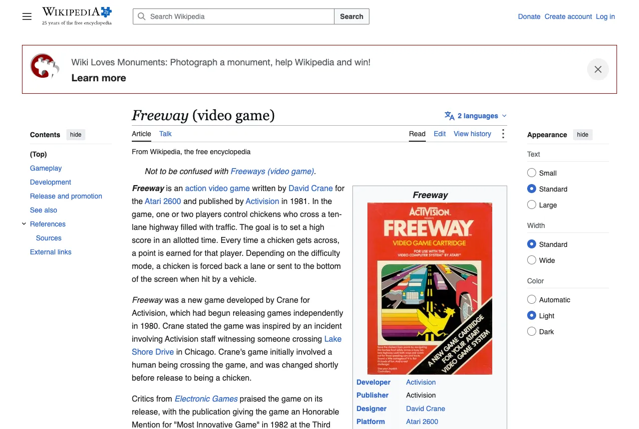 Den engelske Wikipedia-artikel om videospillet Freeway fra Activision med udvikler og designer David Crane