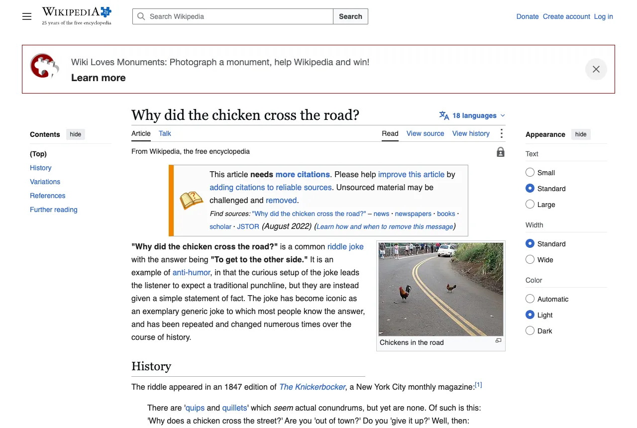 Den engelske Wikipedia-artikel om vittigheden Why did the chicken cross the road