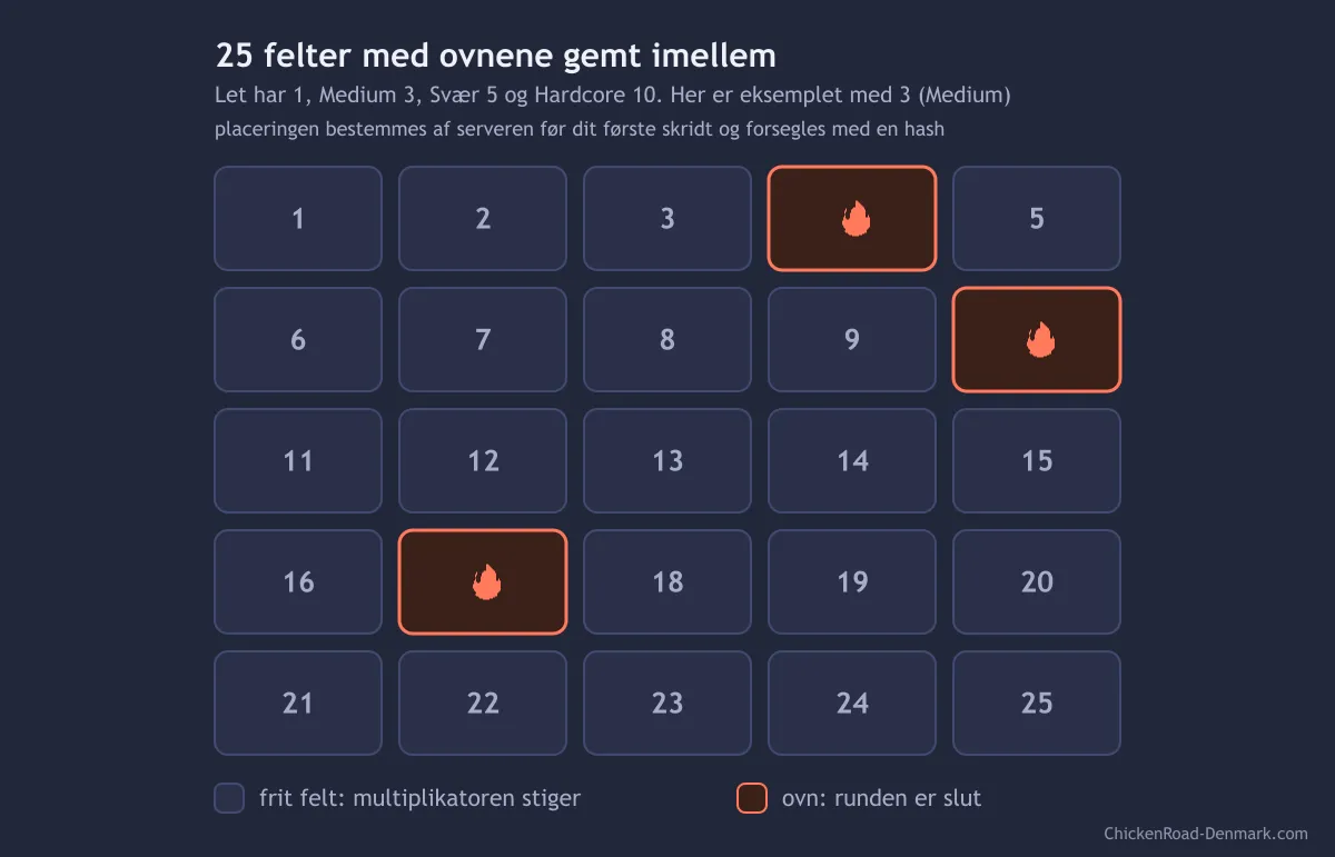 Diagram over Chicken Roads 25 felter med tre skjulte ovne markeret med rødt
