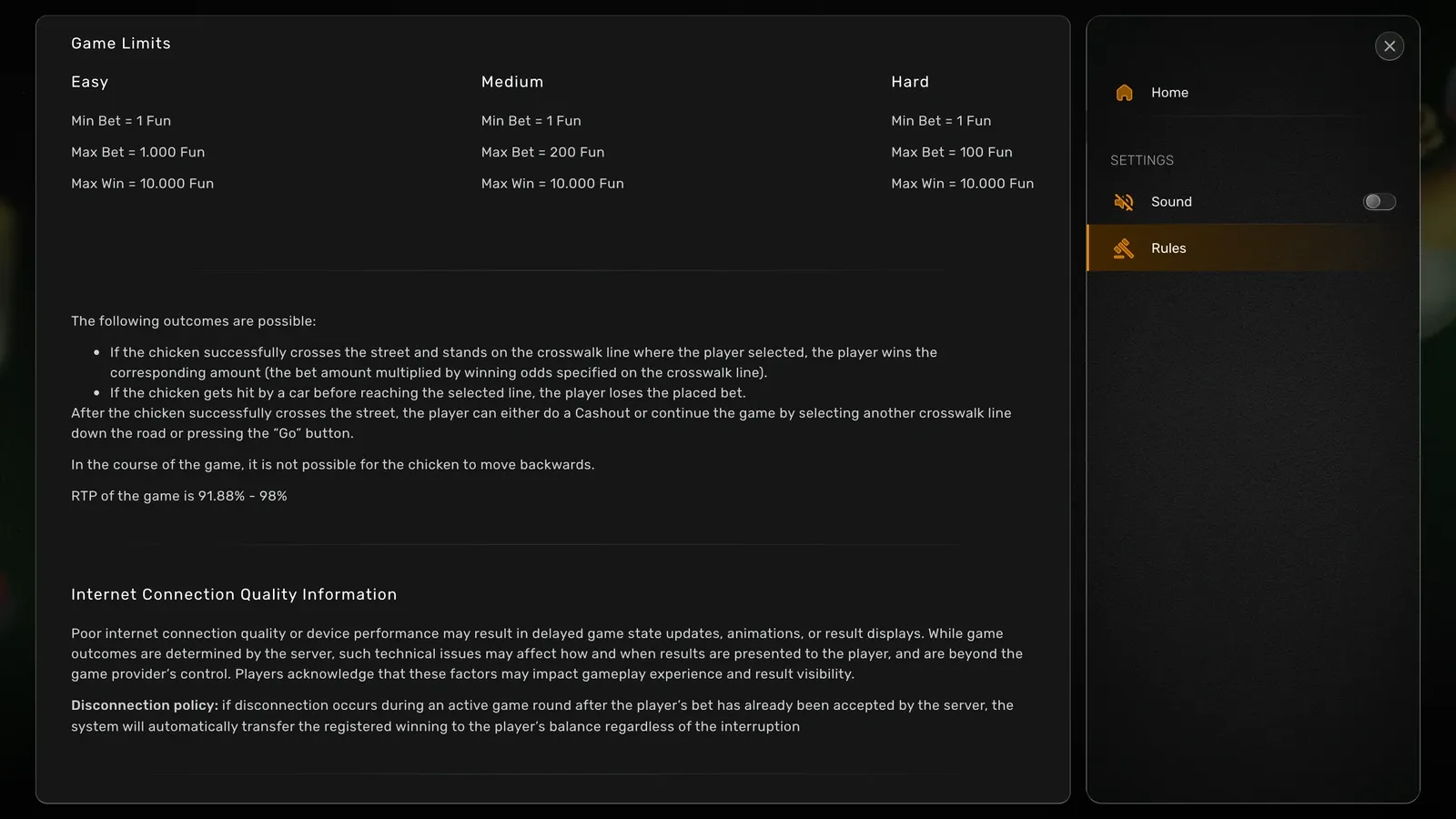 Reglerne i Chicken Crash: Max Bet 1.000, 200 og 100 Fun på Easy, Medium og Hard, Max Win 10.000 Fun og RTP of the game is 91.88% - 98%