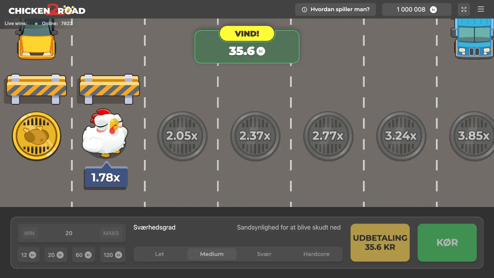 Gevinst i Chicken Road 2 på Medium: VIND! 35,6 kr. med kyllingen på 1,78x