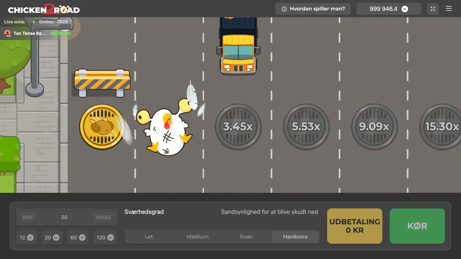 En tabt runde i Chicken Road 2 på Hardcore: kyllingen er ramt på andet skridt, og udbetalingen står på 0 kr.