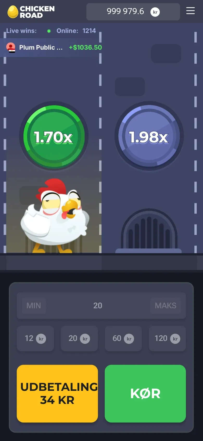 Chicken Road i browseren på en lodret telefonskærm: saldo øverst, skiltene 1,70x og 1,98x, og knapperne Udbetaling og Kør