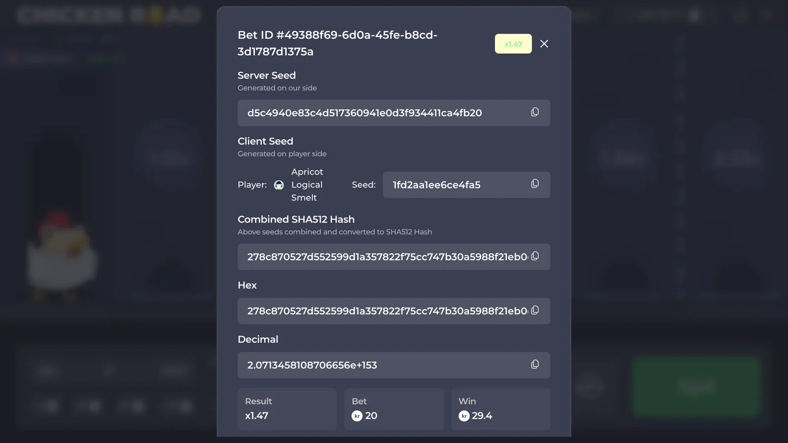 Detaljerne for en runde i den danske demo med server seed, klientens seed og den kombinerede hash