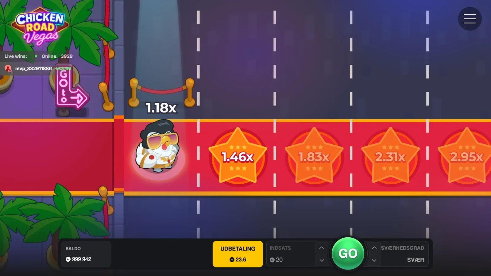 En runde Chicken Road Vegas på Svær: kyllingen på den røde løber står på 1,18x