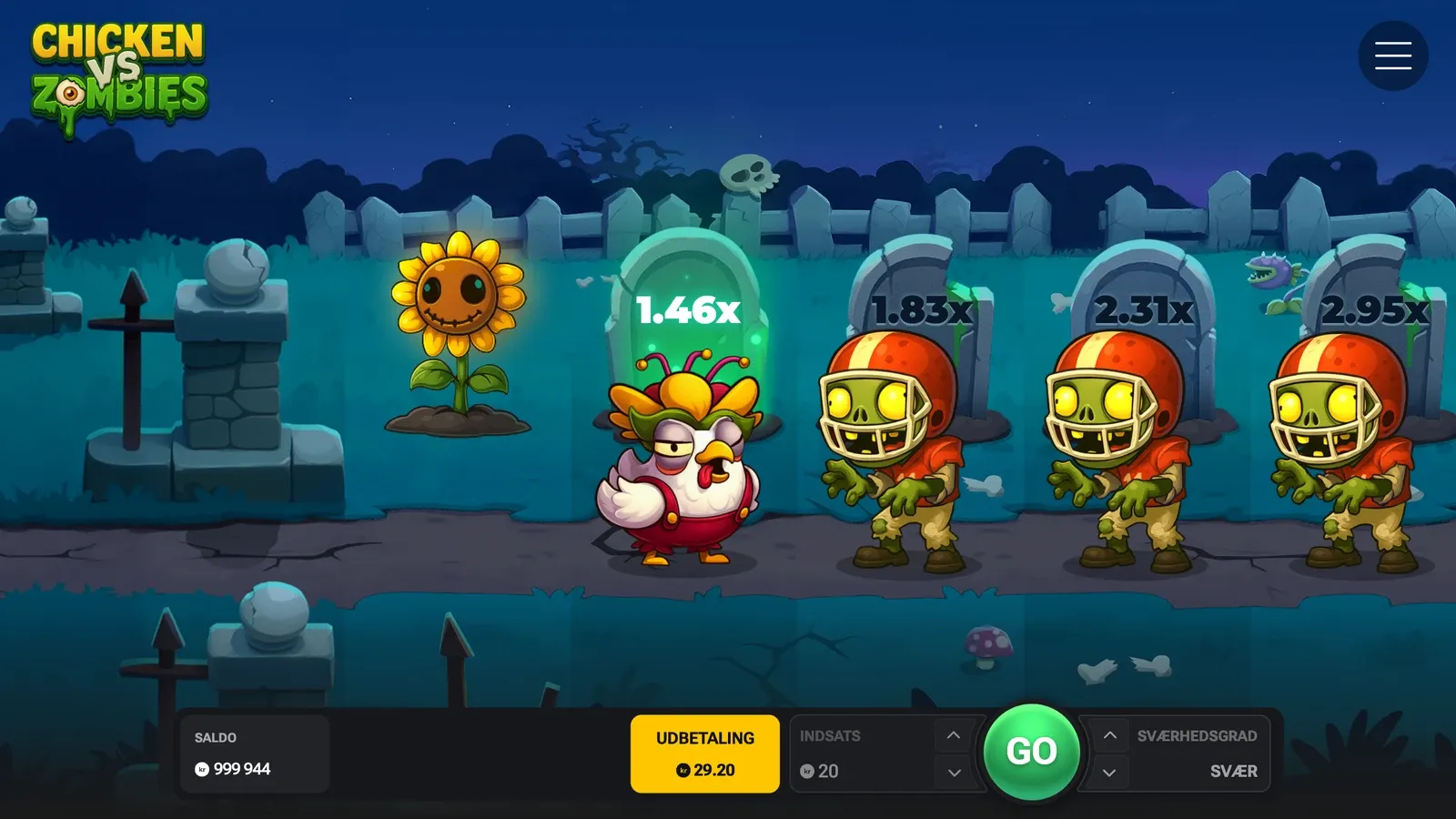 En runde Chicken vs Zombies på Svær: kyllingen står på 1,46x foran zombierne