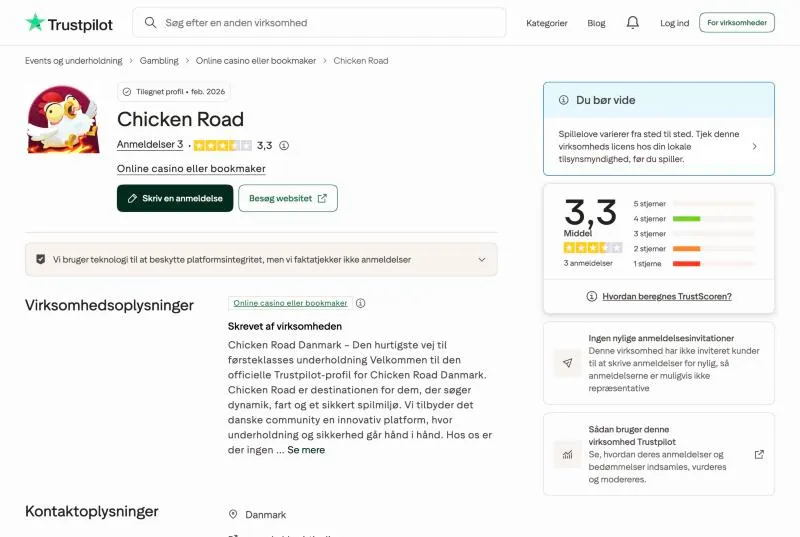 Trustpilot-profilen Chicken Road Danmark knyttet til domænet kahler-i-tivoli.com i kategorien Online casino eller bookmaker