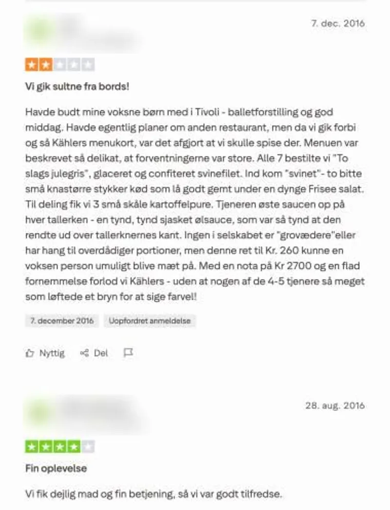 De gamle anmeldelser på profilen fra 2014 og 2016 om en restaurant i Tivoli, med anmeldernes navne sløret